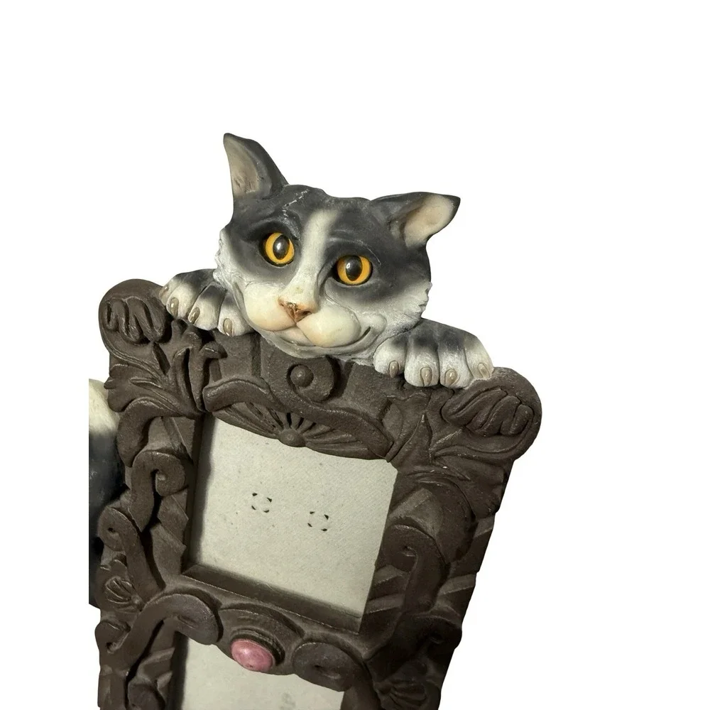 Heavy dual 3x3 frame tuxedo cat carved picture photo frame‎ Kitty